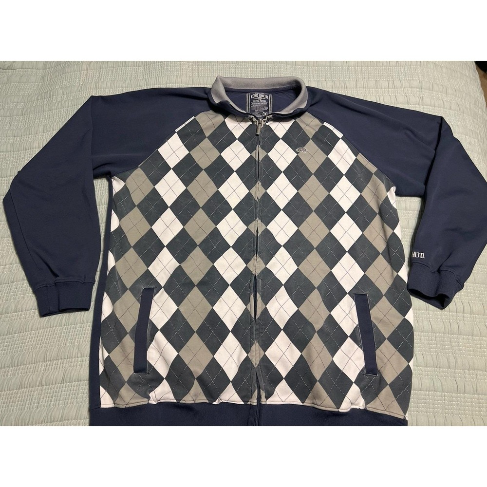 VTG Ecko Unltd Blue Track Jacket Mens 3XL Argyle Full Zip Hip Hop Streetwear Y2K